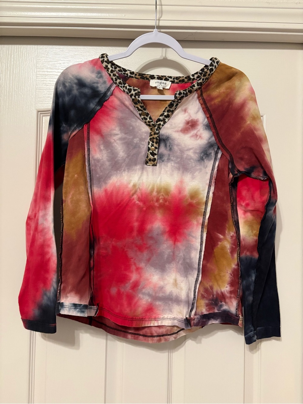 Umgee Tie-Dye Henley Top with Leopard Trim - Red Multi